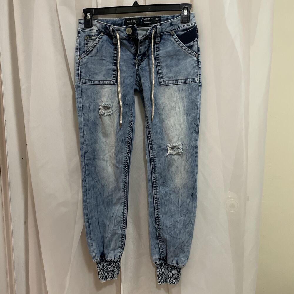 Ranbeeri Jeans Jogger 27 USA Sz 3 Button Drawstring Stretch Blue Bleached Ripped